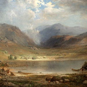 May include: An oil painting depicts a serene landscape with a lake surrounded by mountains. The sky is filled with clouds, and the foreground shows a rocky shoreline with figures. The color palette includes greens, browns, and blues.
