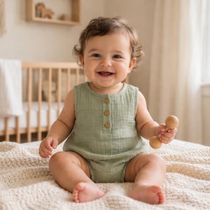 May include: A smiling baby in a sage green romper with wooden buttons sits on a cream blanket, holding a wooden rattle. A wooden cot and macrame wall hanging are in the background. The room has a neutral colour scheme.