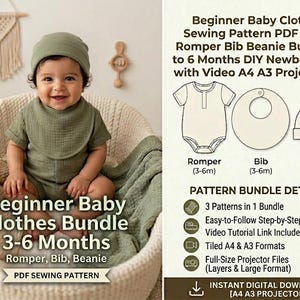 Beginner Baby Clothes Sewing Pattern PDF 3-in-1 Romper Bib Beanie Bundle 3 to 6 Months DIY Newborn Gift with Video A4 A3 Projector File