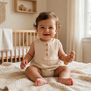 May include: A sleeveless beige romper made of textured muslin fabric, featuring a round neckline and a vertical row of three small wooden buttons down the center chest. The garment is worn by a smiling infant holding a small wooden rattle toy.