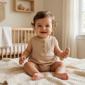 May include: A smiling baby wearing a tan romper with wooden buttons sits on a cream-colored knitted blanket. The baby holds a wooden rattle. A wooden crib and wall decor are in the background.