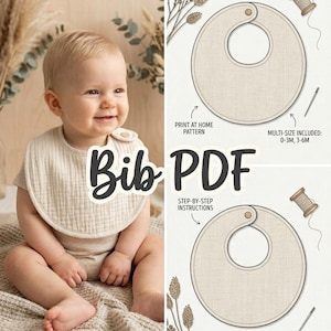 Patrón de costura en PDF para babero de bebé (3 a 6 meses). Proyecto de regalo para recién nacidos. Fácil de usar. Tutorial en vídeo. Formatos A4 y A3. Imprime en casa.