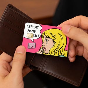 Pegatina de tarjeta de crédito estilo pop art: "¿Cuánto gasté?" Vinilo de cómic retro para tarjetas de débito y tarjetas de regalo