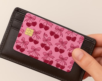 Pink Heart Bow Credit Card Sticker – Cute Romantic Debit Card Skin – Girly Vinyl Cover for Bank or Gift Cards