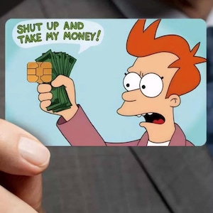 Hou je mond en neem mijn geldkaartsticker – Grappige meme-skin voor debet-/creditcards – Geeky vinyl wrap voor portemonnees en cadeaubonnen