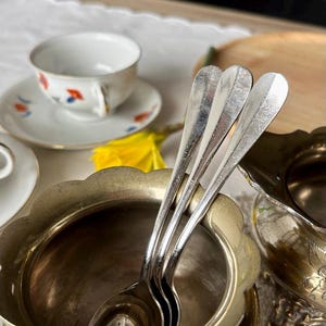 Può includere: Primo piano di un servizio da tè vintage. Il set include una zuccheriera d'argento, una piccola tazza bianca con motivi floreali e tre cucchiaini d'argento in una ciotola decorativa. Un fiore giallo aggiunge un tocco di colore.
