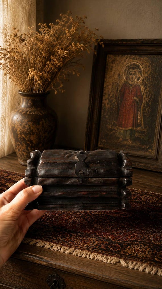 Hand-carved tramp art style wooden box — a genuinely rare folk-art tradition that most people have never heard of, making it a true conversation piece.