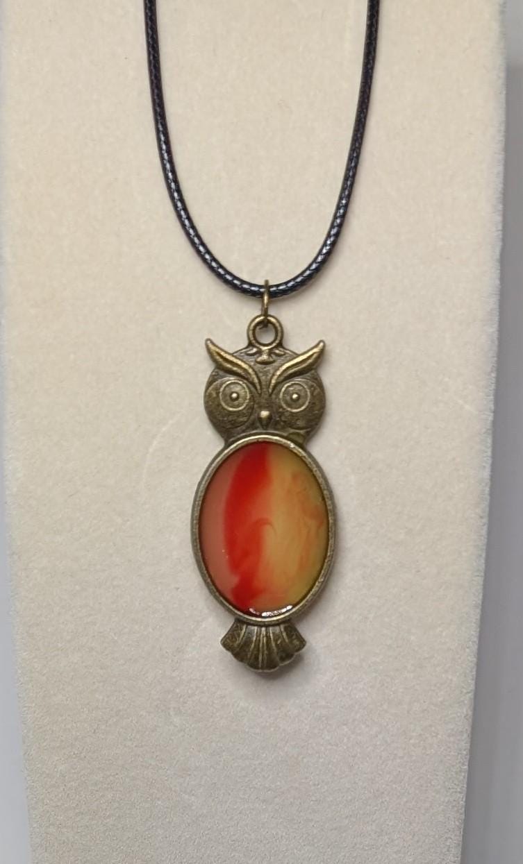 yellow & red striped owl pendant