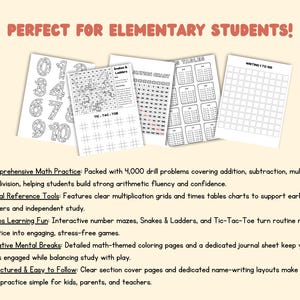 May include: A collection of five educational worksheets featuring math practice, number mazes, Snakes and Ladders, Tic-Tac-Toe, multiplication charts, and a 1 to 100 writing grid. The text reads PERFECT FOR ELEMENTARY STUDENTS! and lists five benefits.