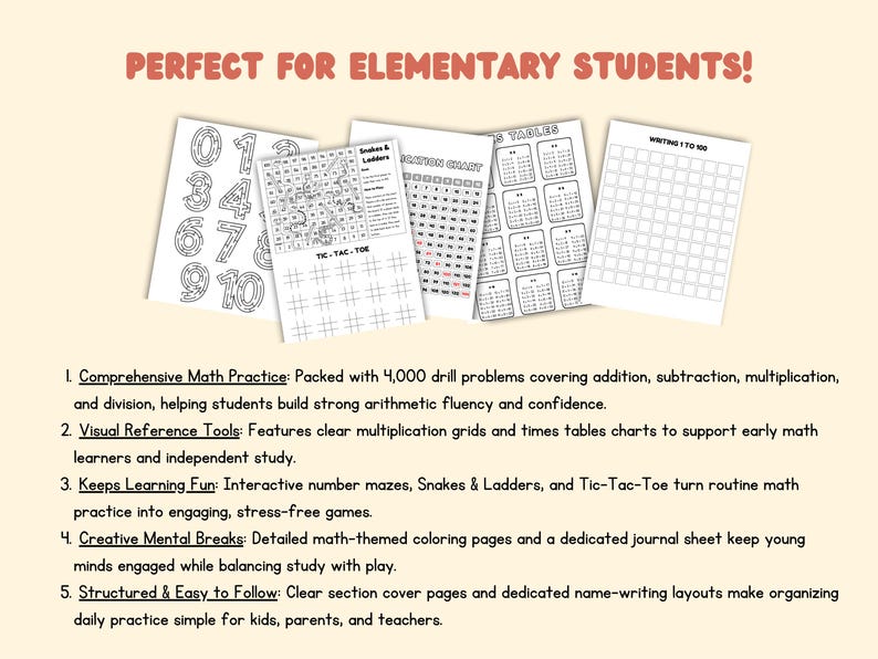 May include: A collection of five educational worksheets featuring math practice, number mazes, Snakes and Ladders, Tic-Tac-Toe, multiplication charts, and a 1 to 100 writing grid. The text reads PERFECT FOR ELEMENTARY STUDENTS! and lists five benefits.