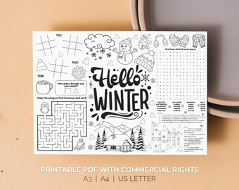 Printable Cute Winter Activity Placemat Kids Crossword Word Search Coloring Page Snow Day Games Preschool Party Table Decor Homeschool PDF