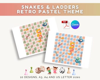 Snakes and Ladders Printable Board Games Quest Adventure Pastel Color Theme Kid Adult Table Activity Canva Editable PLR Kids Family Fun Game