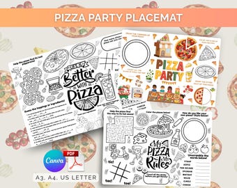 Pizza Party Activity Placemats for Kids Toddlers Adult Parties School Family Games I Spy Counting Coloring Learning Pages Editable Printable