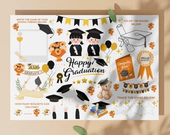 Graduation Activity Placemat Class of 2026 Kids Graduation Games Printable Kindergarten Party Favor Tracing Activity I Spy Worksheet PDF
