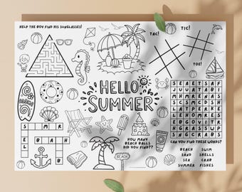 Summer Kids Activity Placemat Printable Preschool Worksheets for Kids Busy Books Coloring Pages Fine Motor Skills for Elementary Education
