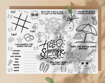 Summer Kids Activity Placemat Printable Beach Coloring Preschool Worksheets Busy Book Pages Elementary Fine Motor Skills MRR PDF Logic Games