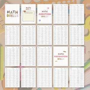 May include: A collection of twenty printable math drill worksheets arranged in a grid. The pages feature grid paper backgrounds, headers for name, date, and score, and columns of arithmetic problems. Titles include Math Drills, Math Addition Drills, and Math Subtraction Drills with colorful, playful lettering.