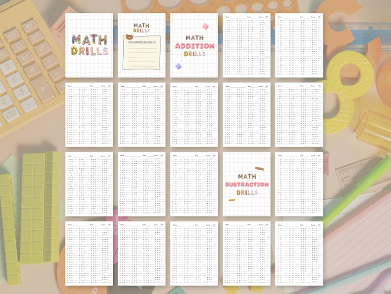 May include: A collection of twenty printable math drill worksheets arranged in a grid. The pages feature grid paper backgrounds, headers for name, date, and score, and columns of arithmetic problems. Titles include Math Drills, Math Addition Drills, and Math Subtraction Drills with colorful, playful lettering.