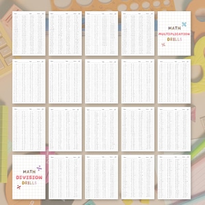 May include: A collection of printable math drill worksheets featuring multiplication and division problems. The sheets include grid backgrounds, pastel-colored text reading MATH MULTIPLICATION DRILLS and MATH DIVISION DRILLS, and blank spaces for name, date, and score.
