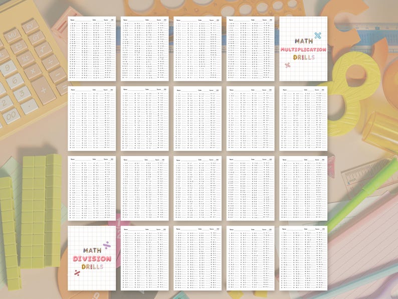 May include: A collection of printable math drill worksheets featuring multiplication and division problems. The sheets include grid backgrounds, pastel-colored text reading MATH MULTIPLICATION DRILLS and MATH DIVISION DRILLS, and blank spaces for name, date, and score.