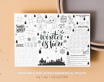 Printable Winter Coloring Kids Activity Placemat Hot Cocoa Reindeer Maze Sheet Preschool Party Seasonal Decor Homeschool Worksheet MRR PDF