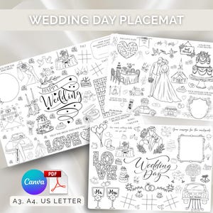 Könnte beinhalten: Wedding Day Tischsets mit schwarz-weißen Illustrationen. Die Tischsets zeigen hochzeitliche Zeichnungen, darunter Kuchen, ein Brautpaar und die Worte "Happy Wedding" und "Wedding Day". Die Tischsets sind in den Größen A3, A4 und US Letter erhältlich.
