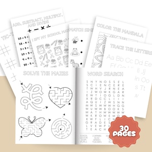 May include: A collection of 30-page activity books for kids, featuring math problems, mazes, word searches, coloring pages, and letter tracing exercises. The pages are white with black text and illustrations, perfect for educational fun.