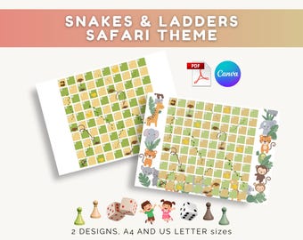 Snakes and Ladders Board Game Printable Jungle Theme Family Kids Activities Safari Birthday Activity Worksheet Fun Adult Printable Games PLR