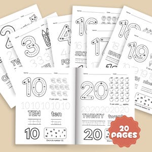 以下が含まれることがあります： 子供向けの20ページの白黒教育資料。各ページには1から20までの数字があり、なぞり書きガイド、数字の単語、簡単なカウントアクティビティが掲載されています。学習と塗り絵用に設計されています。