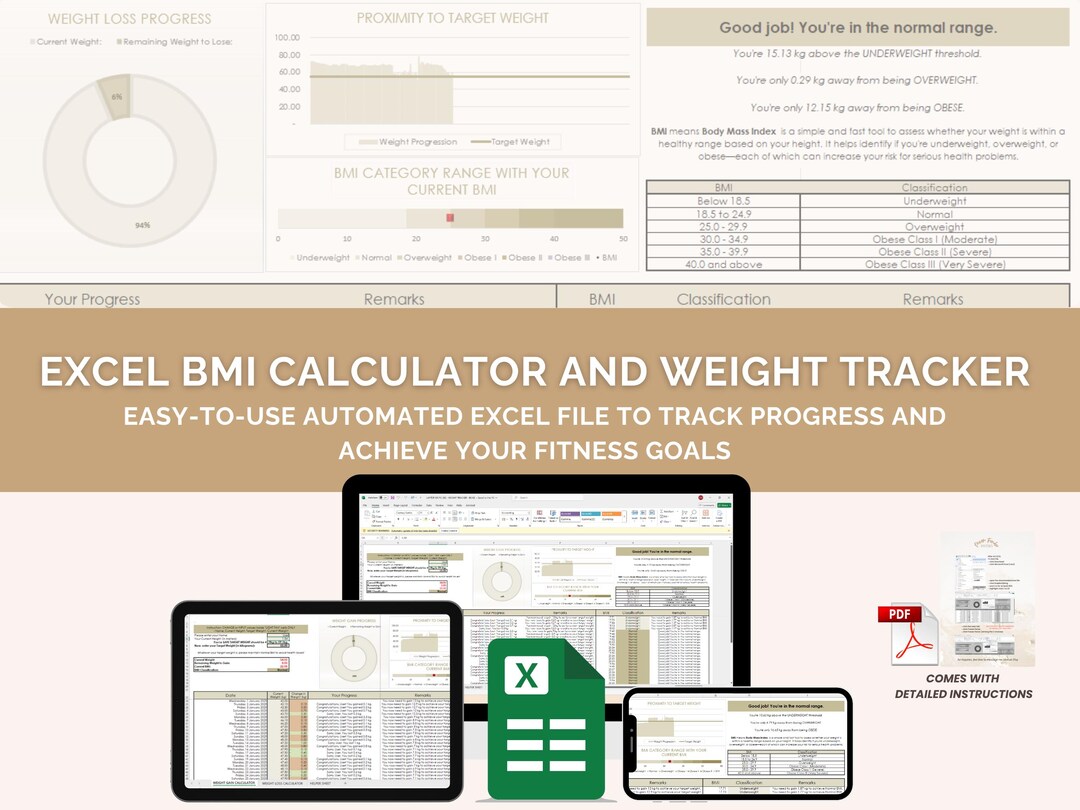 Beige Automated EXCEL Weight and BMI Tracker | Weight Loss and Gain ...