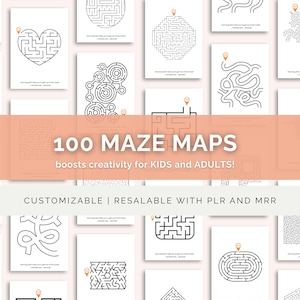 Può includere: Raccolta di 100 mappe di labirinti in varie forme, tra cui un cuore, un triangolo e la lettera K. Il testo "100 MAZE MAPS boosts creativity for KIDS and ADULTS!" è visualizzato su uno striscione color pesca. I labirinti sono personalizzabili e rivendibili.