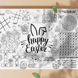 May include: Black and white Easter-themed activity sheet with the words "Happy Easter" and various illustrations. Includes a maze, word search, tic-tac-toe, and crossword puzzle. Features bunnies, eggs, and flowers.