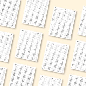 May include: A collection of ten white rectangular math worksheets arranged in a grid pattern. Each sheet features columns of subtraction problems with blank lines for answers, along with fields for Name, Date, and Score at the top of each page.
