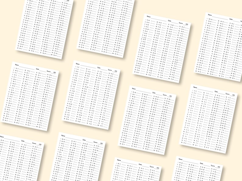 May include: A collection of ten white rectangular math worksheets arranged in a grid pattern. Each sheet features columns of subtraction problems with blank lines for answers, along with fields for Name, Date, and Score at the top of each page.