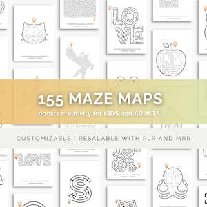 May include: A collection of 155 maze maps, each with a unique design. The mazes are in black and white and feature various shapes and themes, including the word "LOVE" and the number "8". The text "155 MAZE MAPS" is displayed in large font.