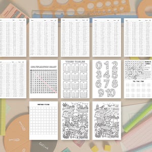 May include: A collection of educational worksheets featuring multiplication practice sheets, a multiplication chart, a times tables grid, number coloring pages, a snakes and ladders game, a tic-tac-toe board, a writing grid, and two detailed coloring pages.