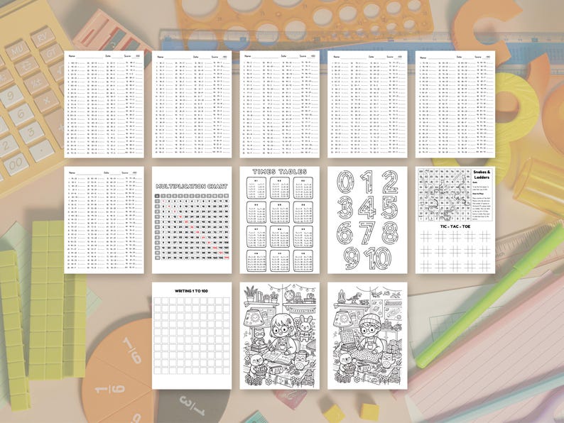 May include: A collection of educational worksheets featuring multiplication practice sheets, a multiplication chart, a times tables grid, number coloring pages, a snakes and ladders game, a tic-tac-toe board, a writing grid, and two detailed coloring pages.