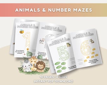 Fun Animal Number Mazes Printable PDF Kindergarten Early Math Counting Tracing Practice Learn Numbers 1-10 Homeschool Worksheet Brain Boost