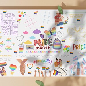 May include: A colorful Pride Month themed illustration with the word "LOVE" in a maze, rainbow flags, and the text "PRIDE month". Includes a butterfly, backpack, and the text "#LOVEWINS!"