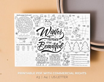 Printable Winter Activity Placemat Kids Educational Christmas Coloring Page Games Preschool Winter Theme Party Decor Instant Download PDF
