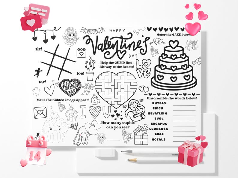 Valentine Activity Placemat Printable Kid Coloring Page Preschool ...