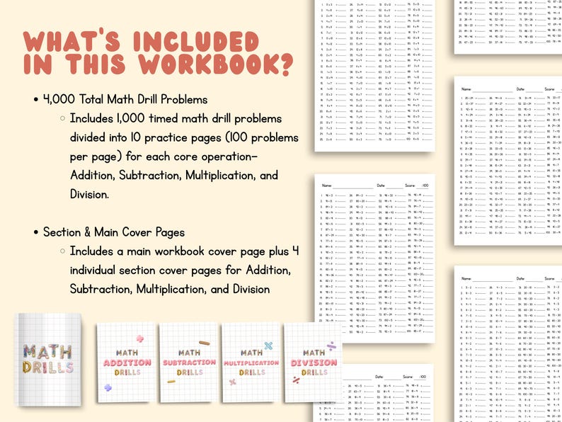 May include: A math workbook set featuring 4,000 drill problems across addition, subtraction, multiplication, and division. Includes a main cover, four section covers, and practice pages with columns for name, date, and score on a light background.