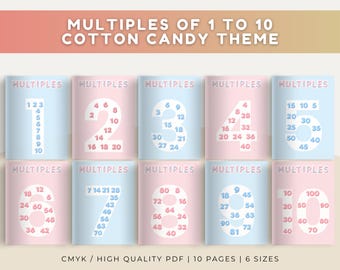 Cotton Candy Multiples Poster Set 1 to 10 Pastel Skip Counting Math Charts Printable Homeschool Classroom Decor Instant PDF CMYK Download