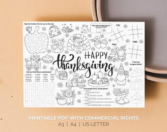 Thanksgiving Printable Party Placemat Table Decor Runner Tray Decor American Cafe Restaurant Place Setting Owner Essential Homeschool PDF