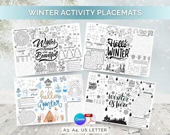 Winter Table Decor Activity Placemat Printable Kids Party Game Hello Winter Canva Template Snowman Coloring Maze Word Search Classroom Mat