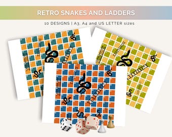 Snakes and Ladders Printable Board Games Quest Adventure Retro Style Theme Kids Adult Table Games Canva Editable PLR Kids Family Fun Games