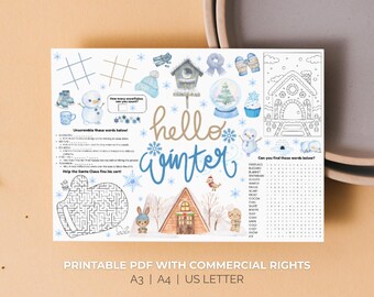 Winter Coloring Activity Placemat for Kids Printable Sheet Cafe Restaurant Table Mat School Table Desk Watercolor Print Christmas Holiday