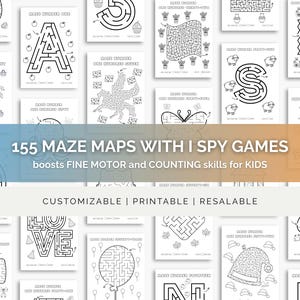 May include: A collection of printable maze maps and I Spy games for kids. The black and white designs feature various shapes and objects, with text that reads "155 MAZE MAPS WITH I SPY GAMES" and "boosts FINE MOTOR and COUNTING skills for KIDS".