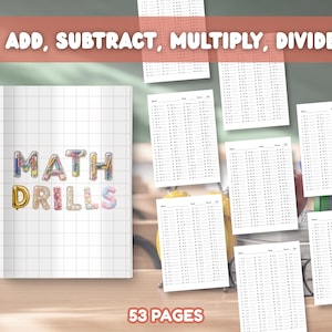 May include: A 53-page math drills workbook featuring a white grid cover with the text MATH DRILLS in colorful balloon-style letters. The set includes multiple printed worksheets with columns of addition, subtraction, multiplication, and division problems.