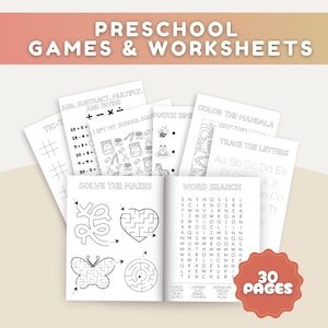 May include: A collection of white paper preschool games and worksheets featuring black ink text and graphics. Visible activities include tic-tac-toe, math problems, I spy, matching, mandala coloring, letter tracing, mazes, and a word search with 30 pages.